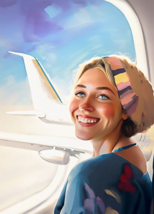 Una donna sorridente in aereo ha superato la fobia di volare