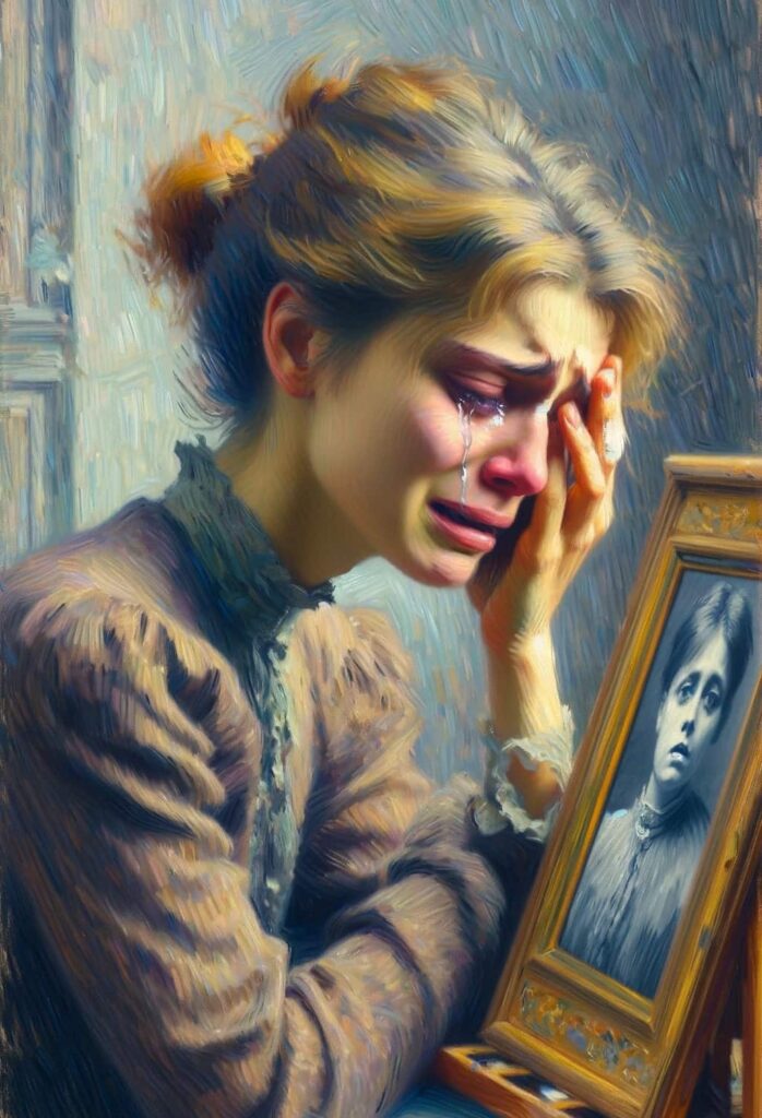 Una donna che ha appena subito un lutto piange davanti ad una foto