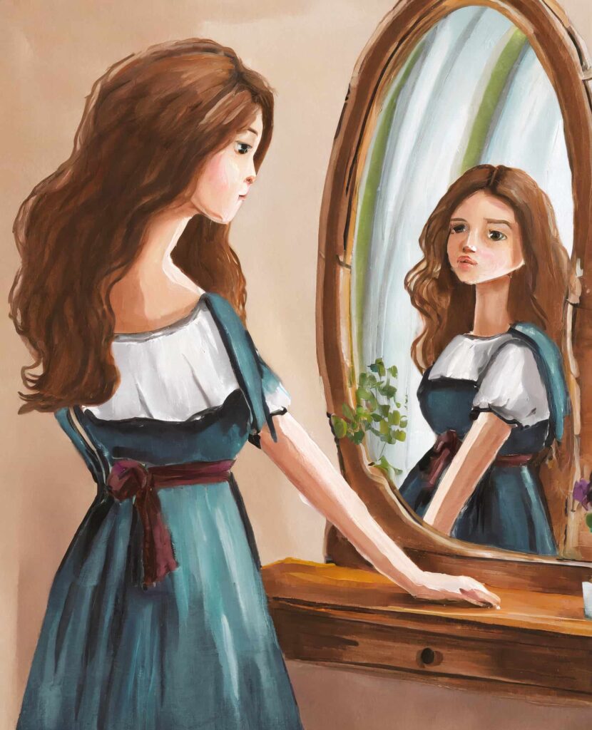 Una ragazza con disturbo alimentare si guarda allo specchio ed è triste